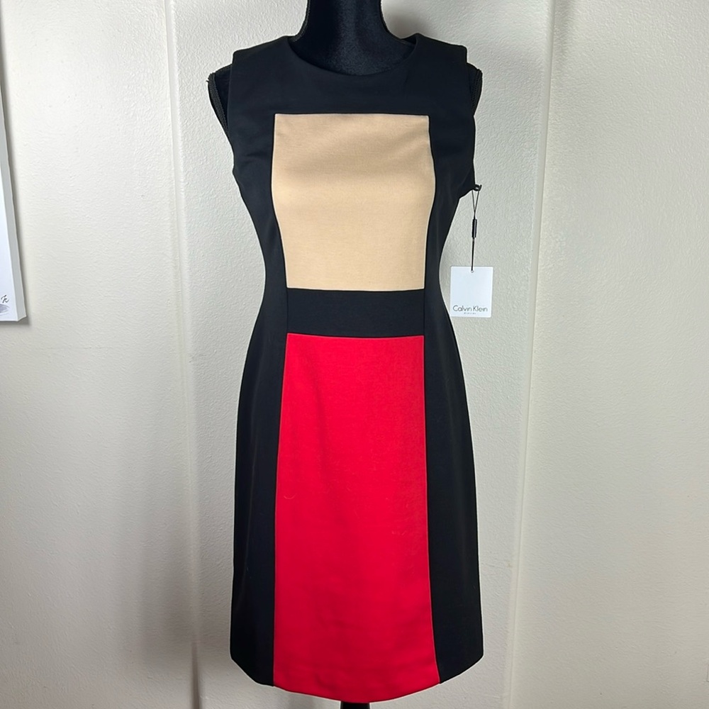Calvin Klein Black Camel & Red Colorblock Dress | Size 6 | NWT